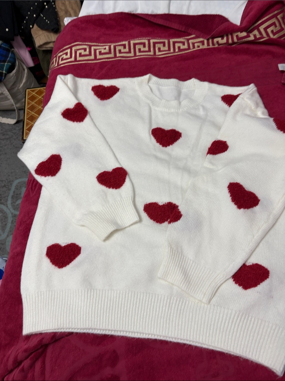 Women’s Cream Crewneck Sweater with Red Heart Motif